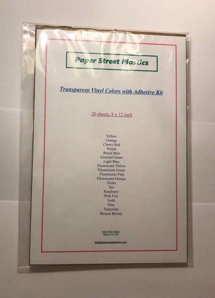20 Colored Transparent Vinyl Sheets, 8" x 12", Adhesive Coated