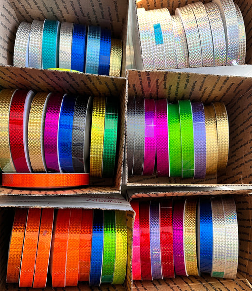 Surplus 1 inch x 300 foot rolls of Prism Tape, Holographic Iridescent 1/4" Mosaic