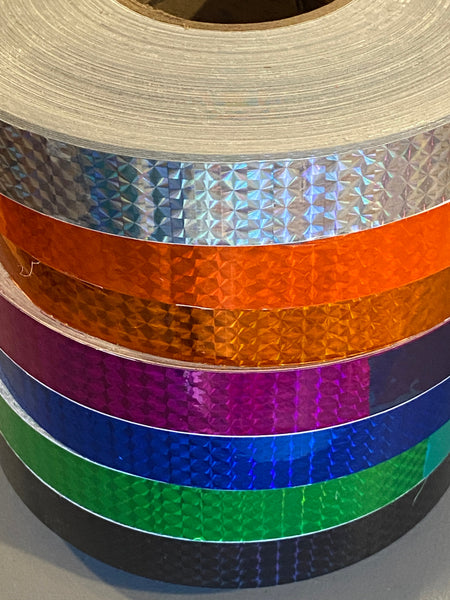 Surplus 1 inch x 300 foot rolls of Prism Tape, Holographic Iridescent 1/4" Mosaic