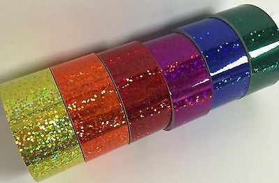 6 Glittering Vinyl Tapes, Rainbow Colors, 1 Inch x 25 ft, Holographic Sparkles
