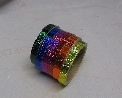 6 Glittering Vinyl Tapes, rainbow colors  1/4" x 25 ft